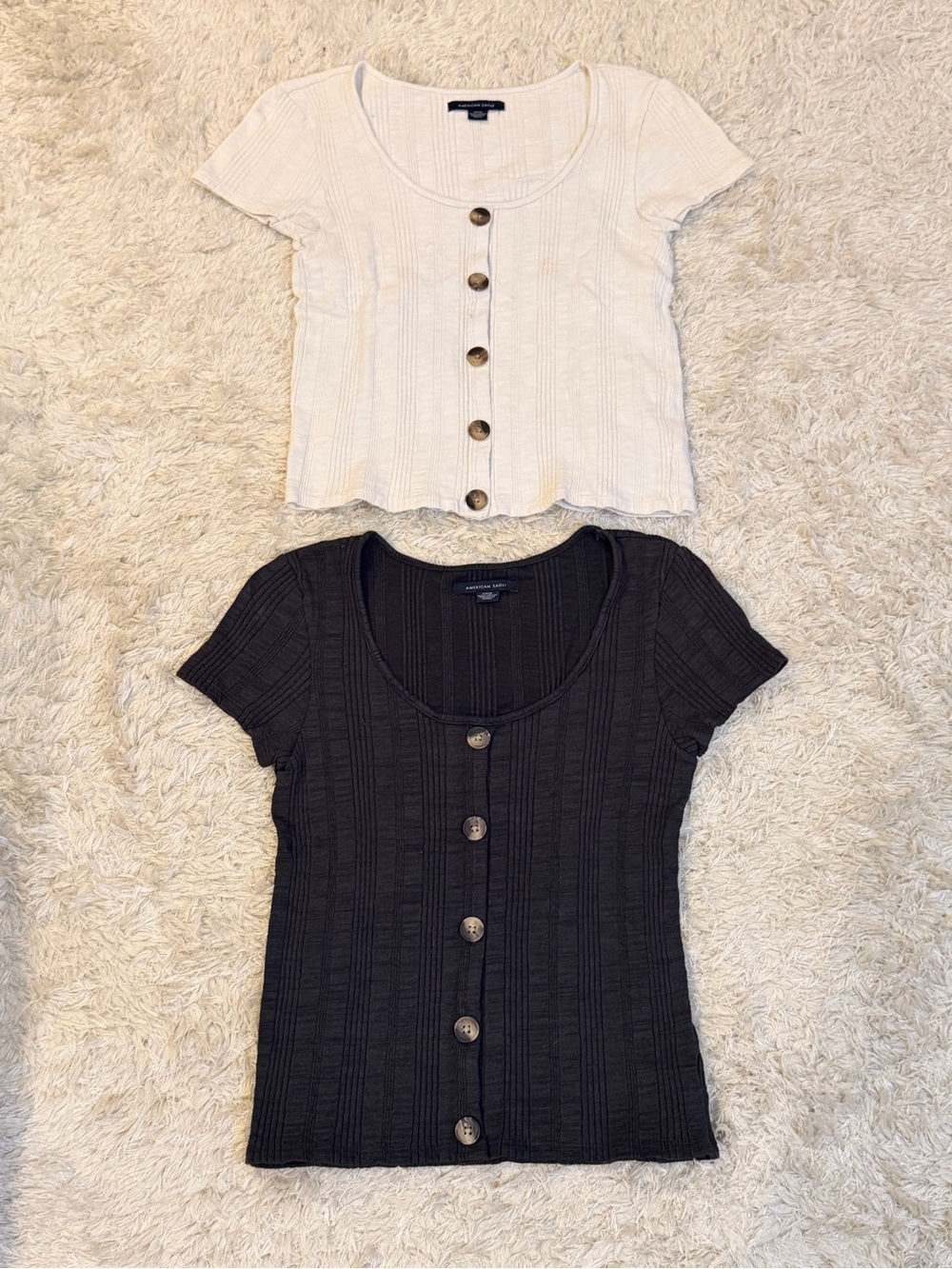 American Eagle Ribbed Button-Front Scoop Neck Tops — Black and Cream